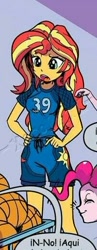 Size: 202x521 | Tagged: safe, artist:pencils, idw, character:pinkie pie, character:sunset shimmer, my little pony:equestria girls, basketball, clothing, female, sports, uniform, watermark