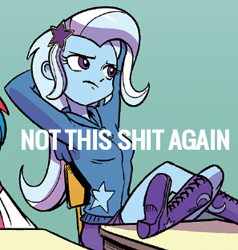 Size: 297x312 | Tagged: safe, artist:pencils, edit, idw, character:trixie, my little pony:equestria girls, boots, comic, cropped, detention, feet on table, meme, not this shit again, shoes, solo, vulgar