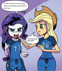 Size: 1068x1224 | Tagged: safe, artist:pencils, edit, idw, character:applejack, character:rarity, my little pony:equestria girls, angry, clothing, duo, hand on shoulder, shouting rarity