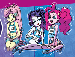 Size: 1244x946 | Tagged: safe, artist:pencils, idw, character:fluttershy, character:pinkie pie, character:rarity, my little pony:equestria girls, abstract background, belly button, clothing, cropped, midriff, sexy, shoes, shorts, sleeveless, sneakers, sports shorts