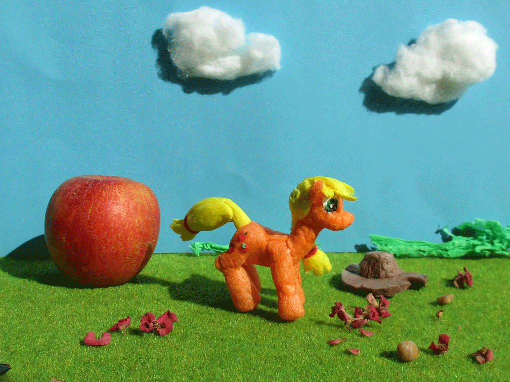 Size: 1022x767 | Tagged: safe, alternate version, artist:malte279, character:applejack, animated, apple, clothing, craft, food, hat, rotating, sculpture, starch foam, stop motion