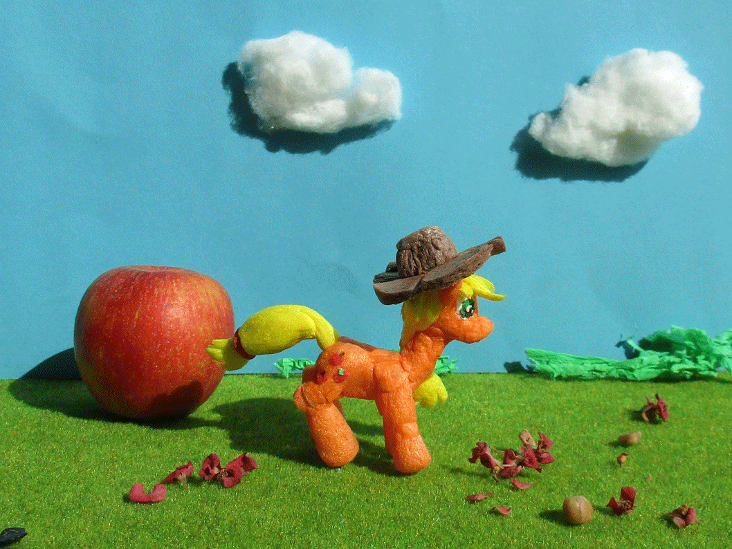 Size: 1058x794 | Tagged: safe, alternate version, artist:malte279, character:applejack, animated, apple, clothing, craft, food, hat, rotating, sculpture, starch foam, stop motion