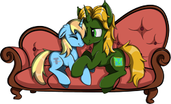 Size: 2094x1271 | Tagged: safe, artist:shadow blaze, oc, oc only, oc:dravakiirm, oc:skydreams, species:pony, species:unicorn, couch, female, male, mare, simple background, snuggling, stallion, transparent background