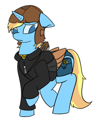 Size: 944x1189 | Tagged: safe, artist:skydreams, oc, oc only, oc:skydreams, species:pony, species:unicorn, fallout equestria, anxious, artificial wings, augmented, bag, clothing, concerned, crossbow, cyber pony, cyborg, female, jacket, leather jacket, mare, mechanical wing, saddle bag, simple background, stable-tec, transparent background, wings