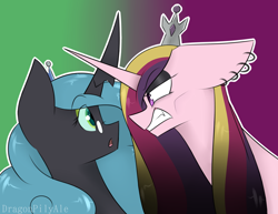 Size: 2170x1675 | Tagged: safe, artist:dragonpilyale, idw, character:princess cadance, character:queen chrysalis, crossing horns, duo, evil cadance, intimidating, mirror universe, reflections, reversalis, scowl, signature