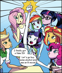 Size: 860x1024 | Tagged: safe, artist:pencils, edit, idw, character:applejack, character:fluttershy, character:pinkie pie, character:rainbow dash, character:rarity, character:sunset shimmer, character:twilight sparkle, character:twilight sparkle (scitwi), species:eqg human, my little pony:equestria girls, dialogue edit, humane five, humane seven, humane six