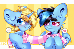 Size: 3000x2000 | Tagged: safe, artist:etoz, oc, oc only, oc:icylightning, oc:skydreams, species:pegasus, species:pony, species:unicorn, blushing, clothing, commission, eyebrows, eyebrows down, female, happy, horn, icydreams, jewelry, lesbian, mare, open mouth, pegasus oc, scarf, shared clothing, shared scarf, simple background, smiling, unicorn oc, wingding eyes, wings, ych result