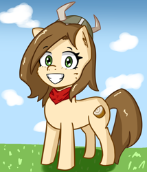 Size: 1872x2184 | Tagged: safe, artist:artiks, oc, oc only, oc:tvælåt, species:earth pony, species:pony, clothing, female, helmet, horned helmet, looking at you, mare, scarf, smiling at you, solo, viking helmet