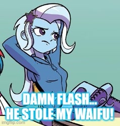 Size: 297x312 | Tagged: safe, edit, idw, character:trixie, my little pony:equestria girls, caption, cropped, image macro, implied flash sentry, jealous, meme, text, trixie yells at everything, waifu thief