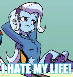 Size: 500x525 | Tagged: safe, edit, idw, character:trixie, my little pony:equestria girls, caption, cropped, image macro, meme, text, trixie yells at everything