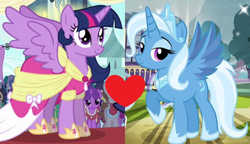 Size: 554x320 | Tagged: safe, edit, edited screencap, gameloft, idw, screencap, character:trixie, character:twilight sparkle, character:twilight sparkle (alicorn), species:alicorn, species:pony, ship:twixie, episode:magical mystery cure, g4, my little pony: friendship is magic, alicornified, clothing, coronation dress, dress, female, idw showified, lesbian, princess of humility, race swap, reflections, shipping, shipping domino, trixiecorn