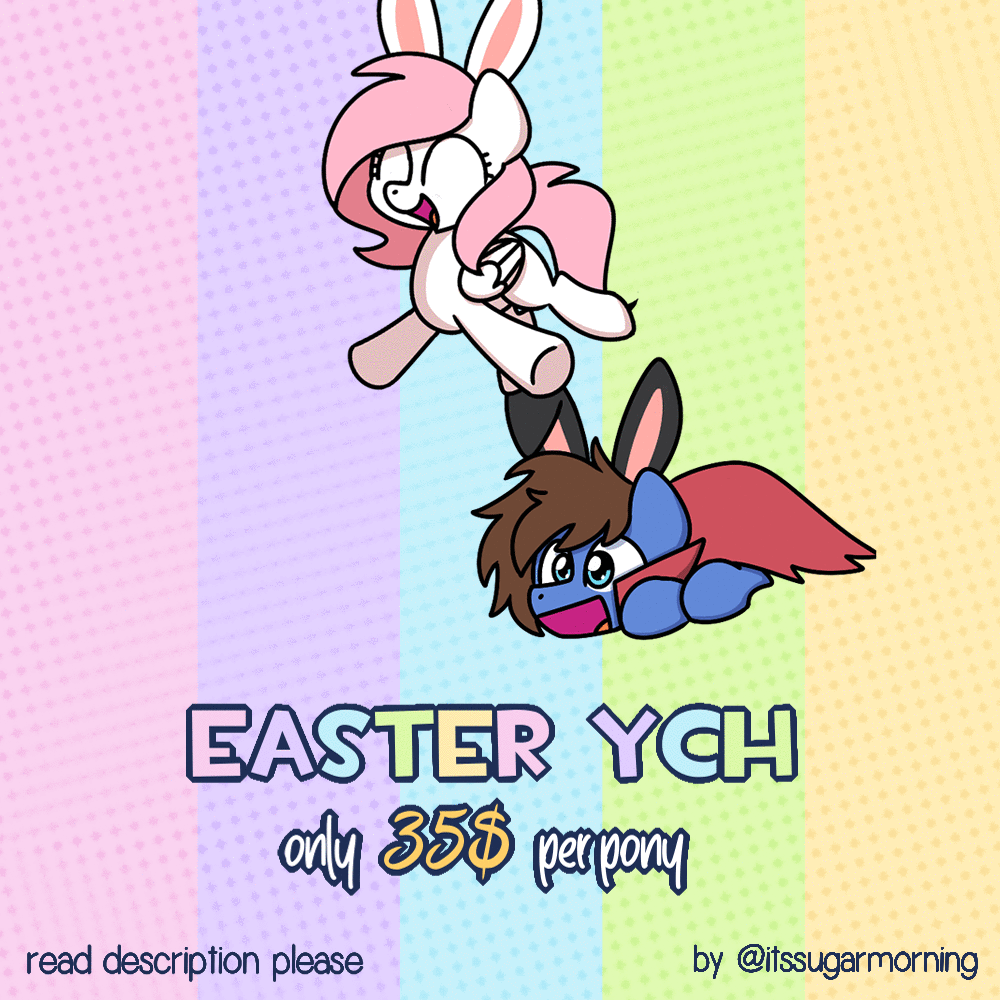 Size: 1000x1000 | Tagged: safe, artist:sugar morning, oc, oc only, oc:bizarre song, oc:sugar morning, species:pegasus, species:pony, advertisement, animated, bunny ears, cape, clothing, commission, couple, easter, female, holiday, jumping, leapfrog, male, mare, stallion, sugar morning's jumping ponies, sugarre, your character here