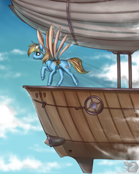 Size: 4000x5000 | Tagged: safe, artist:rensaio, oc, oc only, oc:skydreams, species:pony, species:unicorn, absurd resolution, airship, artificial wings, augmented, cloud, commission, female, flying, mare, mechanical wing, sky, wings