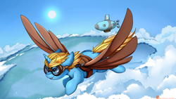 Size: 3117x1757 | Tagged: safe, artist:pridark, oc, oc only, oc:skydreams, species:pony, species:unicorn, cloud, commission, fake wings, flying, goggles, patreon, patreon logo, sky, solo