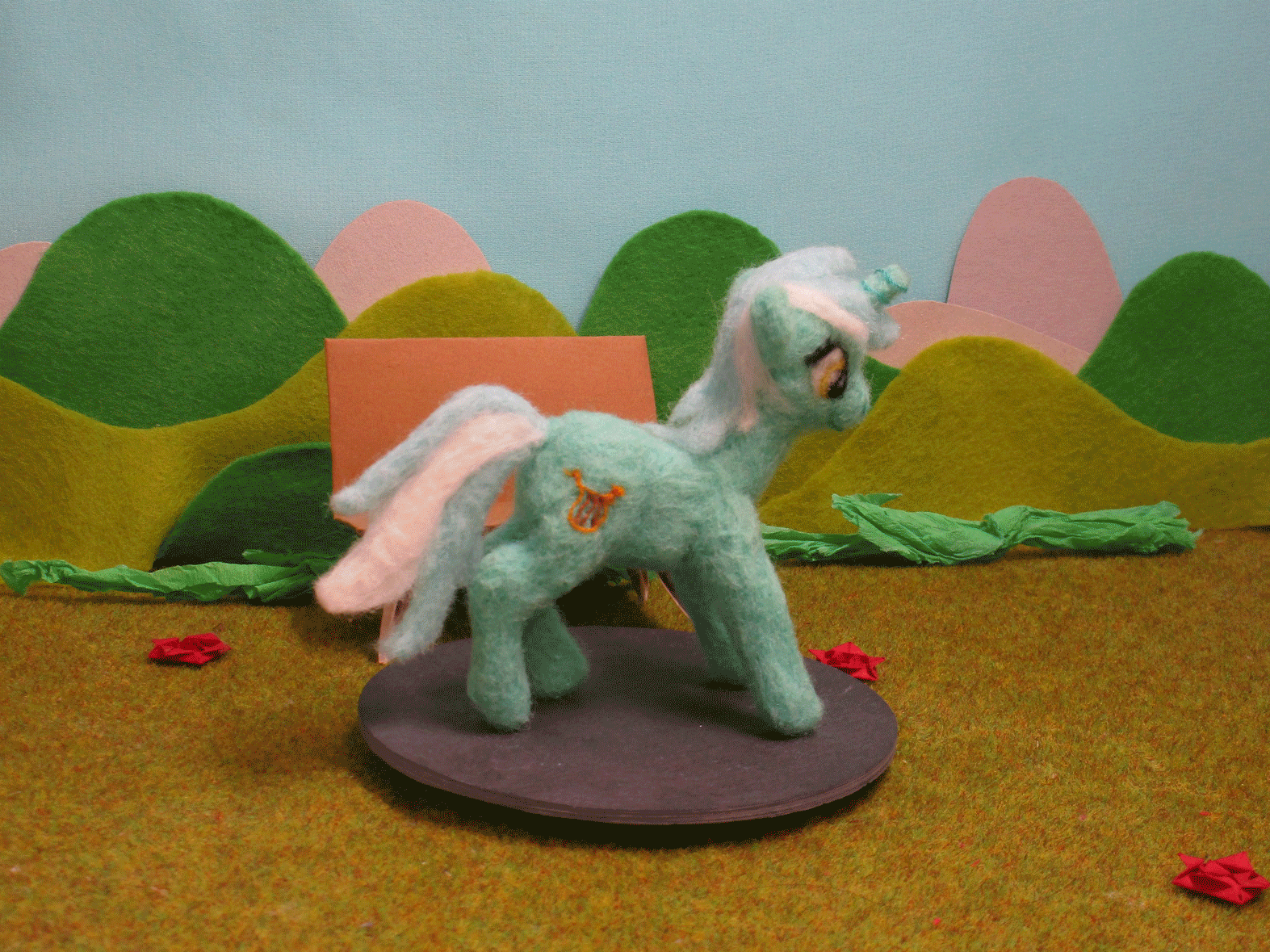 Size: 1573x1179 | Tagged: safe, artist:malte279, character:lyra heartstrings, species:pony, species:unicorn, animated, craft, cutie mark, felt, felting, needle felted, plushie, rotating, stop motion