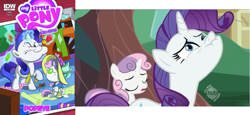 Size: 799x366 | Tagged: safe, edit, idw, screencap, character:rarity, character:sweetie belle, episode:sisterhooves social, g4, my little pony: friendship is magic, angry, comparison, faec, hub logo, pipe, popeye, rareye the sailormare, scrunchy face