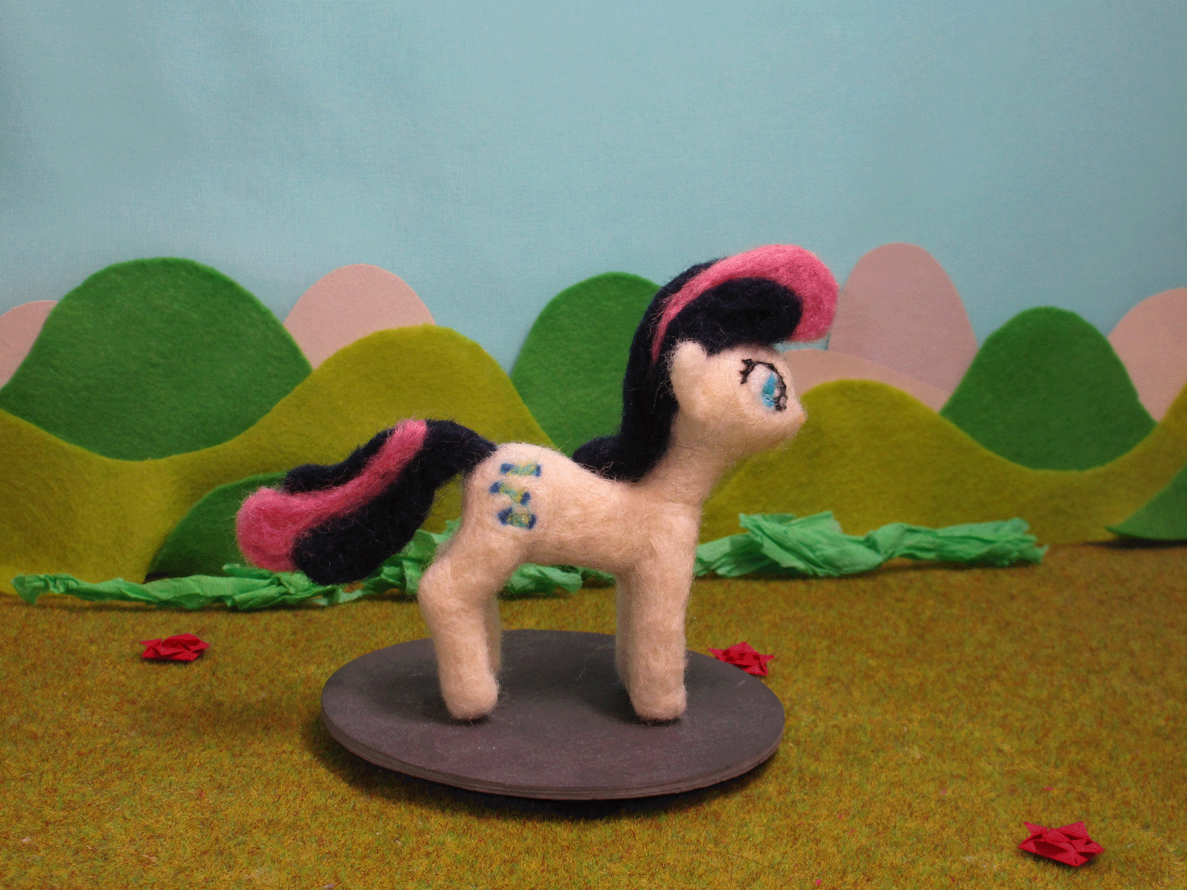 Size: 1712x1284 | Tagged: safe, artist:malte279, character:bon bon, character:sweetie drops, species:earth pony, species:pony, animated, craft, cutie mark, felt, felting, needle felted, plushie, rotating, stop motion