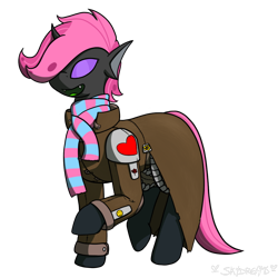 Size: 1050x1050 | Tagged: safe, artist:skydreams, oc, oc only, oc:pixie wing, species:changeling, fallout equestria, changeling oc, clothing, ncr ranger, pink changeling, purple changeling, scarf, simple background, socks, solo, sticker, transparent background