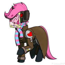 Size: 1050x1050 | Tagged: safe, artist:skydreams, character:pinkie pie, oc, oc only, oc:pixie wing, species:changeling, fallout equestria, changeling oc, clothing, helmet, ministry of morale, ncr ranger, paper-thin disguise, pink changeling, poster, scarf, simple background, sticker, transparent background