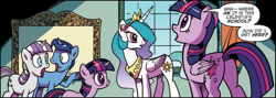 Size: 2458x878 | Tagged: safe, artist:pencils, idw, character:night light, character:princess celestia, character:twilight sparkle, character:twilight sparkle (alicorn), character:twilight sparkle (unicorn), character:twilight velvet, species:alicorn, species:pony, species:unicorn, cropped, crown, dialogue, duality, ethereal mane, female, filly, filly twilight sparkle, foal, jaw drop, jewelry, male, mare, open mouth, peytral, raised hoof, regalia, self ponidox, shocked, speech bubble, stallion, time paradox, twilight's parents, younger