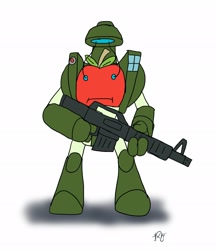 Size: 1766x2048 | Tagged: safe, artist:omegapony16, idw, apple, food, gun, living apple, robot, signature, simple background, solo, weapon, white background