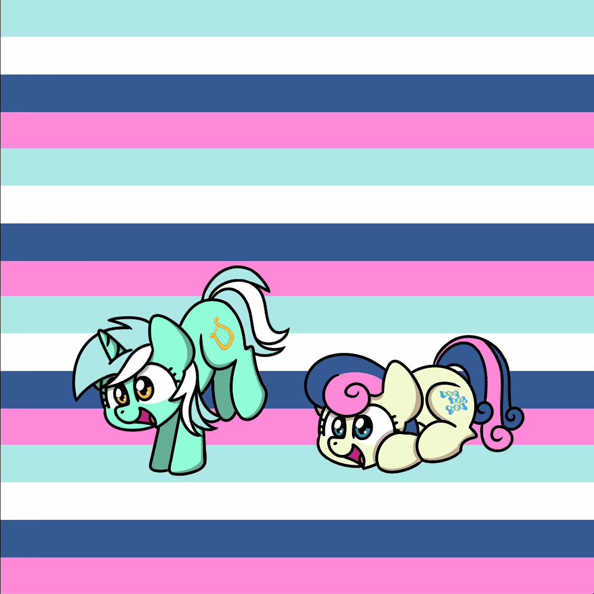 Size: 1200x1200 | Tagged: safe, artist:sugar morning, part of a set, character:bon bon, character:lyra heartstrings, character:sweetie drops, species:earth pony, species:pony, species:unicorn, adorabon, animated, couple, cute, female, happy, jumping, leaping, loop, lyrabetes, mare, simple background, sugar morning's jumping ponies