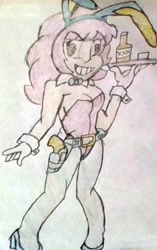 Size: 806x1280 | Tagged: safe, artist:midday sun, kotobukiya, character:pinkie pie, species:human, alcohol, breasts, bunny ears, bunny girl, bunny suit, clothing, colored pencil drawing, cuffs (clothes), female, gloves, gun, gun holster, handgun, high heels, holster, hotblooded pinkie pie, humanized, kotobukiya pinkie pie, pistol, revolver, shoes, solo, tights, traditional art, weapon