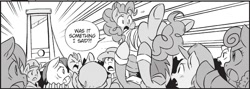 Size: 1766x630 | Tagged: safe, seven seas, character:pinkie pie, species:earth pony, species:pony, my little pony: the manga, black and white, clothing, execution, female, grayscale, guillotine, male, mare, monochrome, my little pony: the manga volume 2, stallion, tied up, you know for kids
