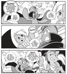 Size: 1845x2025 | Tagged: safe, seven seas, character:derpy hooves, character:doctor whooves, character:time turner, species:earth pony, species:pony, my little pony: the manga, cropped, female, food, male, mare, monochrome, muffin, my little pony: the manga volume 2, professor what, stallion, the master