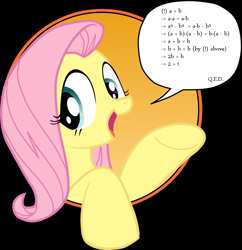 Size: 993x1024 | Tagged: safe, artist:masem, idw, character:fluttershy, species:pegasus, species:pony, algebra, bad advice fluttershy, black background, division by zero, exploitable, exploitable meme, fallacy, fancy mathematics, female, fluttermath, high res, idw showified, mare, math, mathematical fallacy, meme, simple background, solo, template, vector