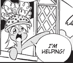 Size: 252x217 | Tagged: safe, seven seas, character:derpy hooves, species:pegasus, species:pony, my little pony: the manga, colander, cute, derpabetes, helpful, my little pony: the manga volume 2, reaction image, solo, window