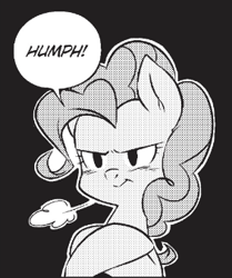 Size: 283x339 | Tagged: safe, seven seas, character:pinkie pie, species:earth pony, species:pony, my little pony: the manga, black and white, grayscale, monochrome, my little pony: the manga volume 2, onomatopoeia, pinkie pie is not amused, solo, unamused, wind