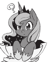 Size: 421x539 | Tagged: safe, edit, editor:childofthenight, seven seas, character:princess luna, species:alicorn, species:pony, my little pony: the manga, confused, cute, female, grayscale, mare, monochrome, my little pony: the manga volume 2, question mark, simple background, solo, transparent background