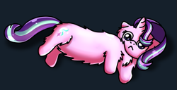 Size: 613x315 | Tagged: safe, artist:sugar morning, character:starlight glimmer, species:pony, species:unicorn, :<, behaving like a cat, cute, fluffy, glimmerbetes, hnnng, long glimmer, long pony, lying down, meme, solo
