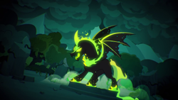 Size: 1920x1080 | Tagged: safe, gameloft, idw, character:pony of shadows, character:stygian, species:alicorn, species:pony, fire, glowing eyes, green fire, idw showified, open mouth, solo, wings, youtube link