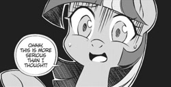 Size: 421x216 | Tagged: safe, seven seas, character:twilight sparkle, species:alicorn, species:pony, my little pony: the manga, black and white, dialogue, disturbed, female, grayscale, manga, mare, monochrome, text, worried
