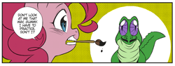 Size: 1811x681 | Tagged: safe, artist:nekoshiei, edit, editor:anonycat, seven seas, character:gummy, character:pinkie pie, species:earth pony, species:pony, my little pony: the manga, alligator, color edit, colored, cropped, female, male, mare, mouth hold, my little pony: the manga volume 2, paintbrush
