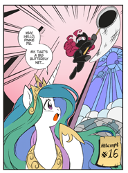 Size: 1256x1696 | Tagged: safe, artist:nekoshiei, edit, editor:anonycat, seven seas, character:pinkie pie, character:princess celestia, species:alicorn, species:earth pony, species:pony, my little pony: the manga, butterfly net, color edit, colored, cropped, female, mare, my little pony: the manga volume 2, net, ninja
