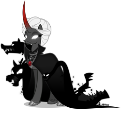 Size: 4000x3861 | Tagged: safe, artist:orin331, idw, species:pony, species:umbrum, species:unicorn, cape, clothing, colored horn, curved horn, female, glowing eyes, high collar, high res, hoof shoes, horn, jewelry, long horn, mare, monster, ponified, rabia, redesign, regalia, simple background, solo, transparent background, vector, white eyes