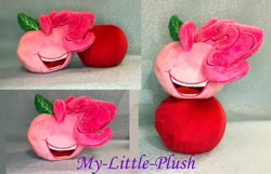 Size: 1024x658 | Tagged: safe, artist:my-little-plush, idw, character:pinkie pie, apple pinkie, deviantart watermark, irl, no eyes, obtrusive watermark, open mouth, photo, plushie, smiling, solo, watermark