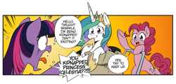 Size: 1825x878 | Tagged: safe, artist:nekoshiei, edit, editor:anonycat, seven seas, character:pinkie pie, character:princess celestia, character:twilight sparkle, species:alicorn, species:earth pony, species:pony, my little pony: the manga, color edit, colored, cropped, dialogue, female, mare, my little pony: the manga volume 2, open mouth, sack, speech bubble