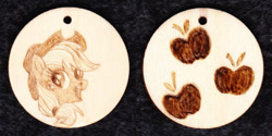 Size: 1000x500 | Tagged: safe, artist:malte279, character:applejack, craft, cutie mark, jewelry, pendant, pyrography, traditional art, wood