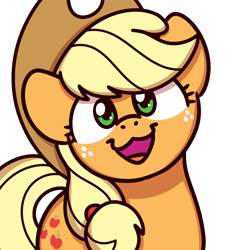 Size: 1000x1000 | Tagged: safe, alternate version, artist:sugar morning, character:applejack, species:earth pony, species:pony, bust, cat face, cat smile, clothing, cute, female, freckles, hat, jackabetes, looking at you, mare, missing freckles, open mouth, simple background, smiling, solo, sugar morning's smiling ponies, transparent background