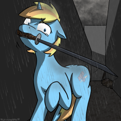 Size: 600x600 | Tagged: safe, artist:skydreams, oc, oc only, oc:skydreams, species:pony, species:unicorn, crying, female, impending doom, rain, shocked, sword, vent art, weapon