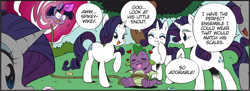 Size: 1954x708 | Tagged: safe, artist:nekoshiei, editor:anonycat, seven seas, character:rarity, character:spike, character:twilight sparkle, species:dragon, species:pony, species:unicorn, my little pony: the manga, blushing, colored, commonity, cropped, female, heart, lucky bastard, male, mare, multeity, rope, tied up, winged spike