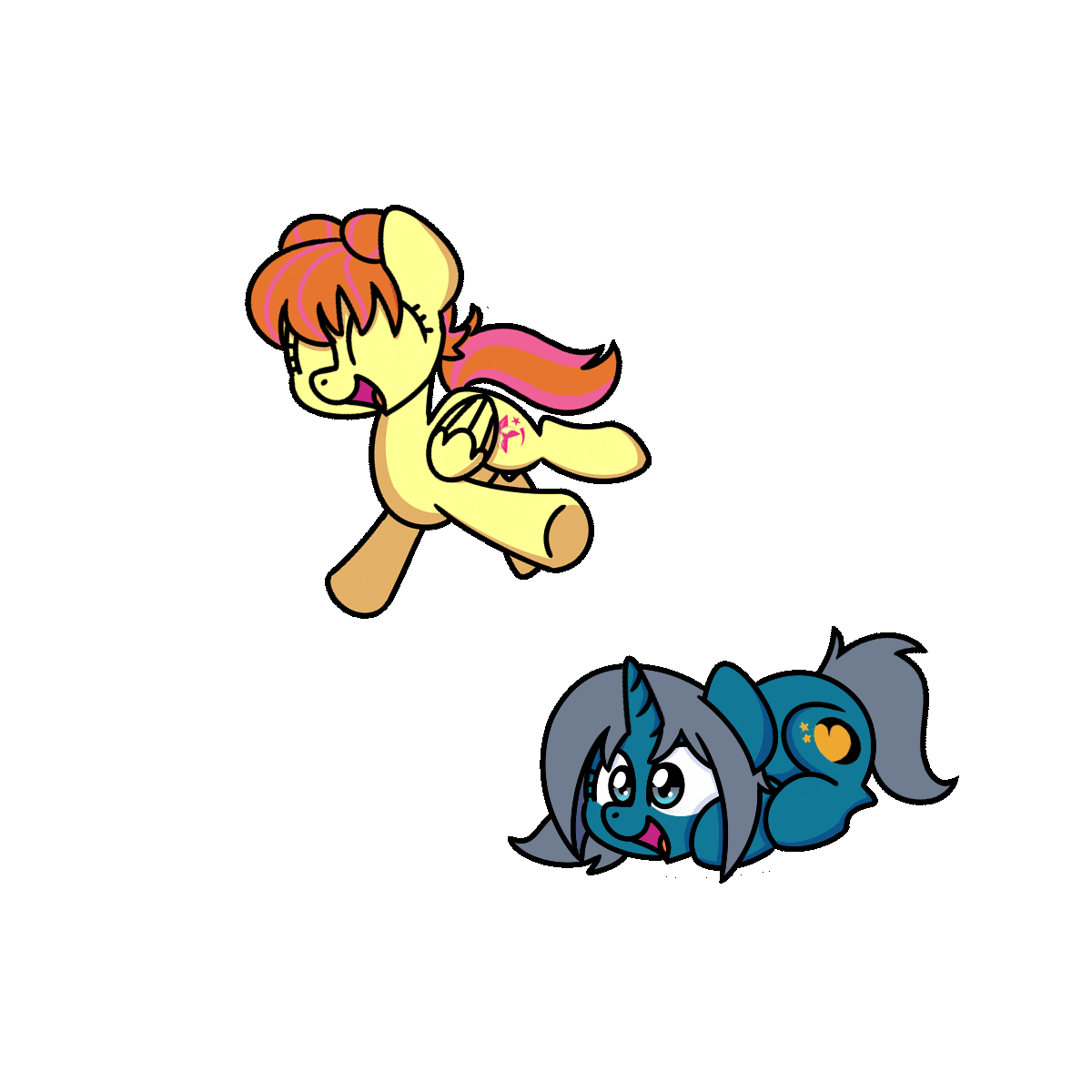 Size: 1200x1200 | Tagged: safe, artist:sugar morning, oc, oc only, oc:blue moon, oc:jewel burst, species:pegasus, species:pony, species:unicorn, animated, bouncing, cute, duo, female, filly, happy, jumping, loop, silly, simple background, smiling, sugar morning's jumping ponies, transparent background