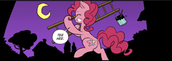 Size: 1768x629 | Tagged: safe, artist:nekoshiei, edit, editor:anonycat, seven seas, character:pinkie pie, species:earth pony, species:pony, my little pony: the manga, color edit, colored, crescent moon, cropped, eyes closed, female, giggling, ladder, mare, moon, my little pony: the manga volume 2, night, paint, paint bucket, paintbrush, solo