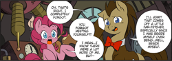 Size: 1768x630 | Tagged: safe, artist:nekoshiei, edit, editor:anonycat, seven seas, character:doctor whooves, character:pinkie pie, character:time turner, species:earth pony, species:pony, my little pony: the manga, bow tie, color edit, colored, cropped, duo, female, male, mare, my little pony: the manga volume 2, stallion