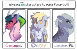 Size: 3000x1907 | Tagged: safe, artist:venommocity, idw, character:cosmos, character:derpy hooves, character:limestone pie, species:draconequus, species:earth pony, species:pegasus, species:pony, blep, bust, female, forked tongue, mare, six fanarts, tongue out, two toned wings, wings