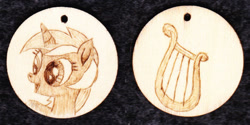 Size: 1000x500 | Tagged: safe, artist:malte279, character:lyra heartstrings, craft, cutie mark, index get, jewelry, palindrome get, pendant, pyrography, traditional art, wood